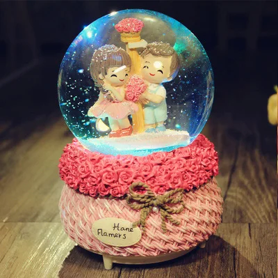 

12*9CM Pink Rose Couple Snow Globe Glass Crystal Ball Music Box Craft Home Decor Wedding Valentine's Day Christmas New Year Gift