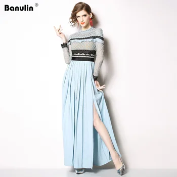 

Banulin Fashion Designer Runway Dress Autumn Women Long sleeve Lace Hollow Out Ruffles Spliced Casual Party Elegant Slim Dress