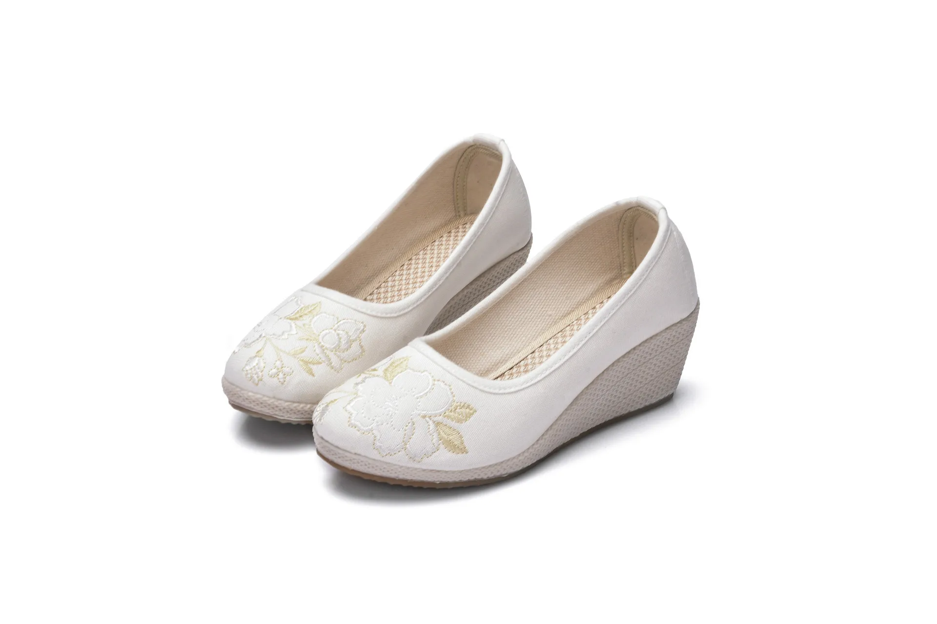 Женские туфли-лодочки; китайская льняная обувь в стиле ретро; простая Тканевая обувь на танкетке с вышивкой; белые женские туфли на платформе; zapatos mujer - Цвет: Белый