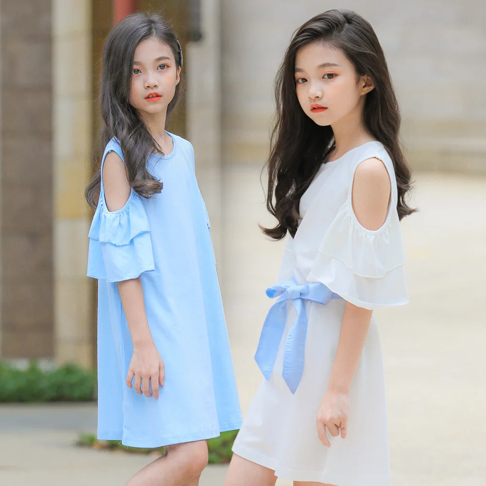

2019 Summer New Fashion Off-the-shoulder Ruffle Dress Bow Lovely Girl Dress