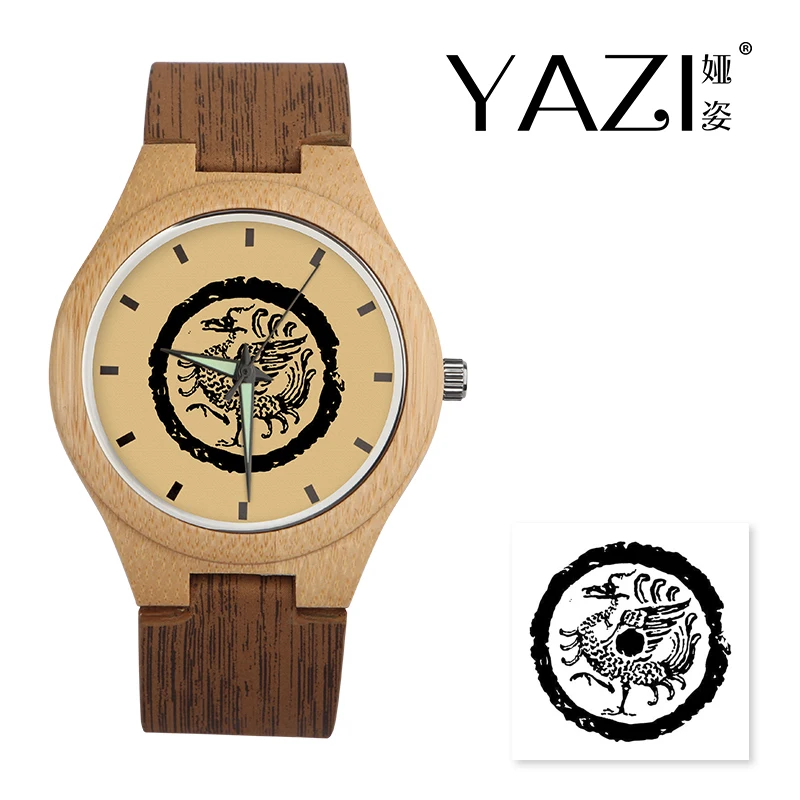 

YAZI DIY Wooden Watch Phoenix Lucky Logo Quartz Watch Natural Bamboo Wood Case Wrist Watch Wood Stripe Band Memory Gift