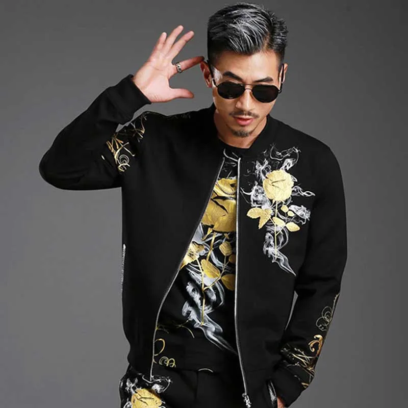 Retro Gilded Rose Floral Printed Two Piece Sweat Set Tracksuit Men Hoodies Set Casual Slim Fit Jacket with Joggers Pants Retro Gilded Rose Floral Printed Two Piece Sweat Set Tracksuit Men Hoodies Set Casual Slim Fit Jacket with Joggers Pants