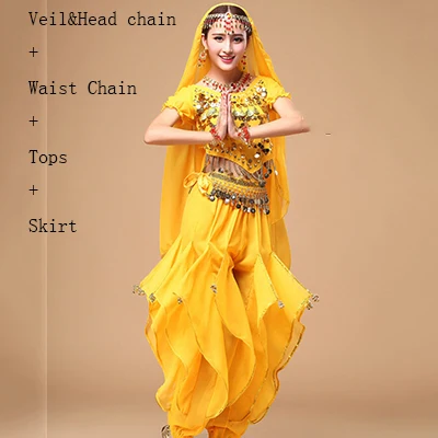 Yellow 4Pcs Популярные танцевальные костюмы для живота для дам красные, желтые, синие Модальные танцевальные модные классические женские Танго Бальные индийские костюмы Q3082 - Цвет: Yellow 4Pcs