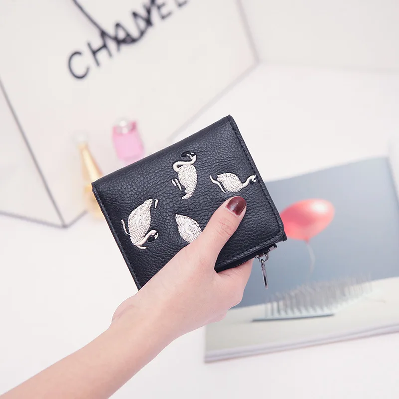 

Female Short Mini New Fashion Embroidered Swan Student Wallet Korean Version Personality Folding Fresh leather Women Wallet