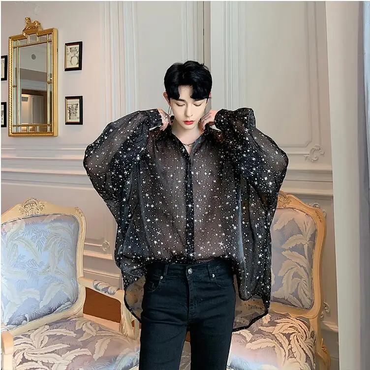 shirt 2019One s! Летняя Альтернативная звезда принт сексуальная Перспектива тонкая рубашка мужская летучая мышь рукав чистая красная рубашка - Цвет: shirt