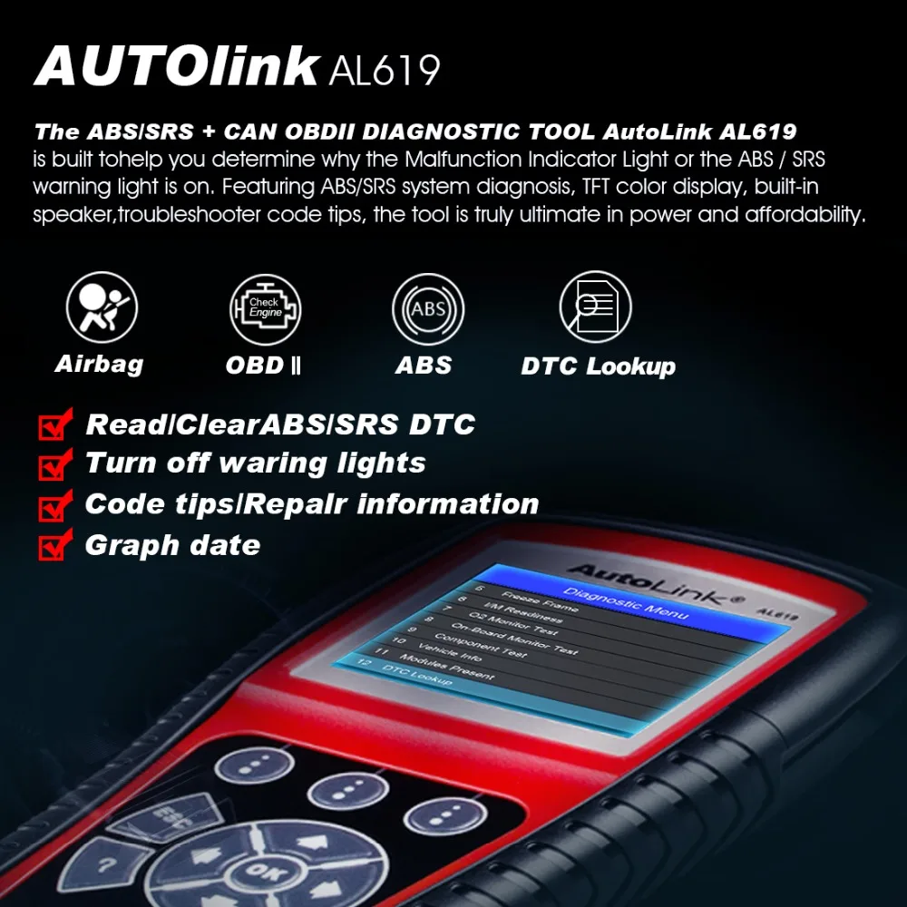 Autel OBD2 автомобильный диагностический инструмент автолинк AL619 двигатель, ABS, SRS Авто сканер автомобильный код ридер автомобильный инструмент авто код ридер