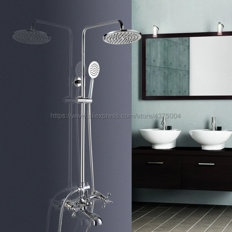 Polished Chrome Rainfall 8" Bath Shower Mixer Faucet Set Wall Mounted with Hand Shower Swivel Tub Spout Shower Taps Ncy326