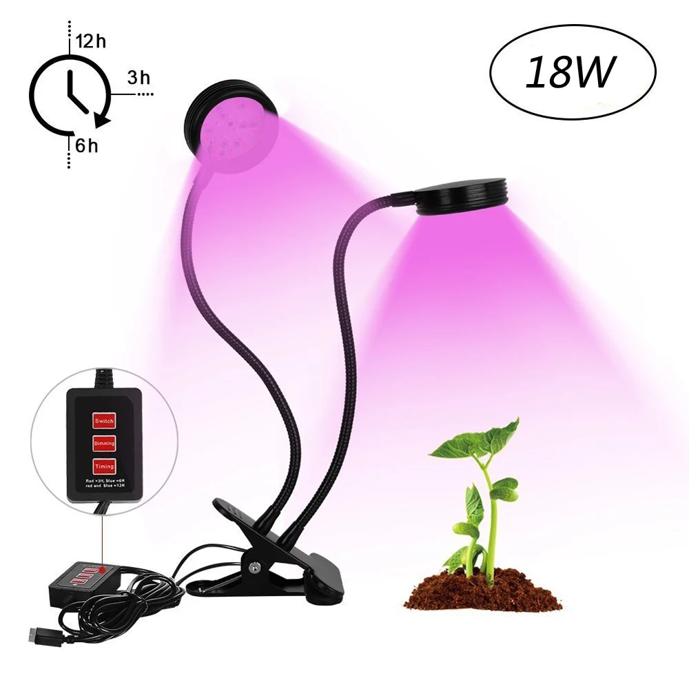 

LED Growth Lamps with Timer Remote Control(3H/6H/12H) Dual Head 36pcs 18W & 5 Modes Brightess Lamp for Indoor Plants Greenhouse