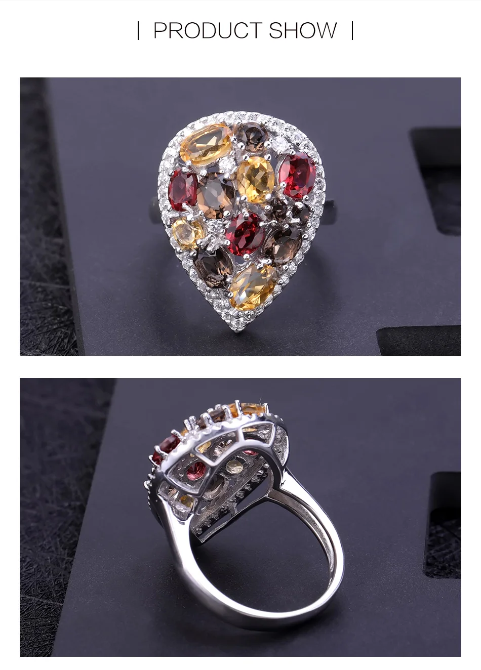 GEM'S балетные Роскошные серьги-капли с натуральным дымчатым кварцем и Цитрином, набор колец из 925 пробы серебра, набор украшений для женщин, хорошее ювелирное изделие