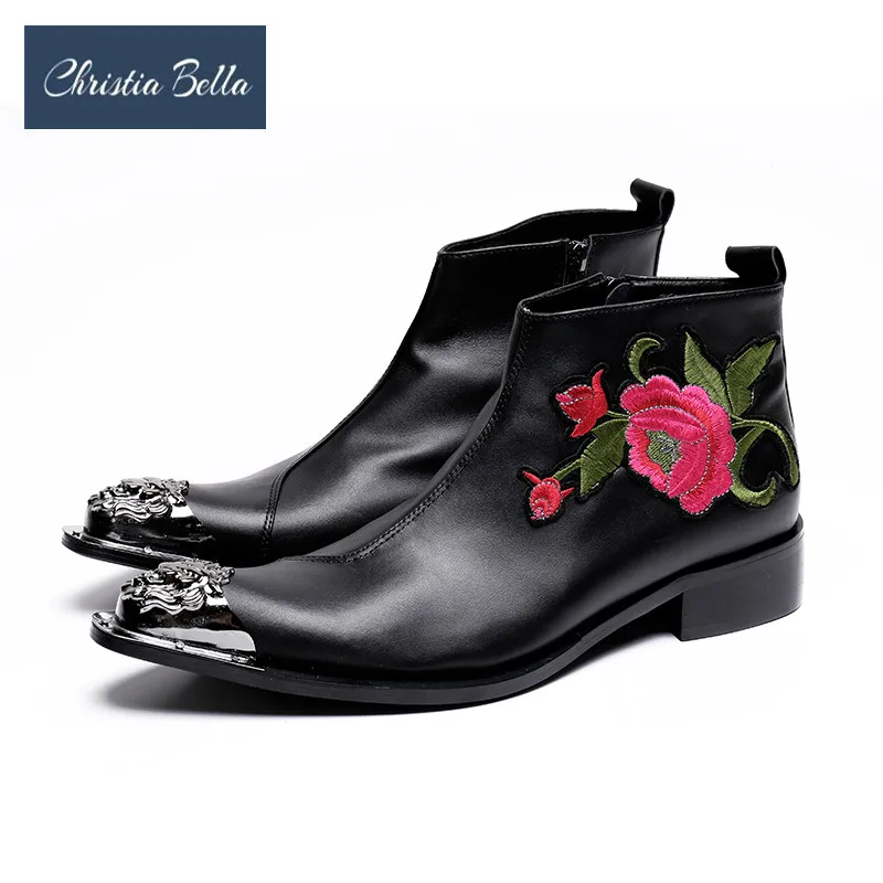 

Christia Bella Winter Embroidery Men Shoes Genuine Leather Boots New Fashion Metal Pointed Toe Boots Large Size Ankle Boots