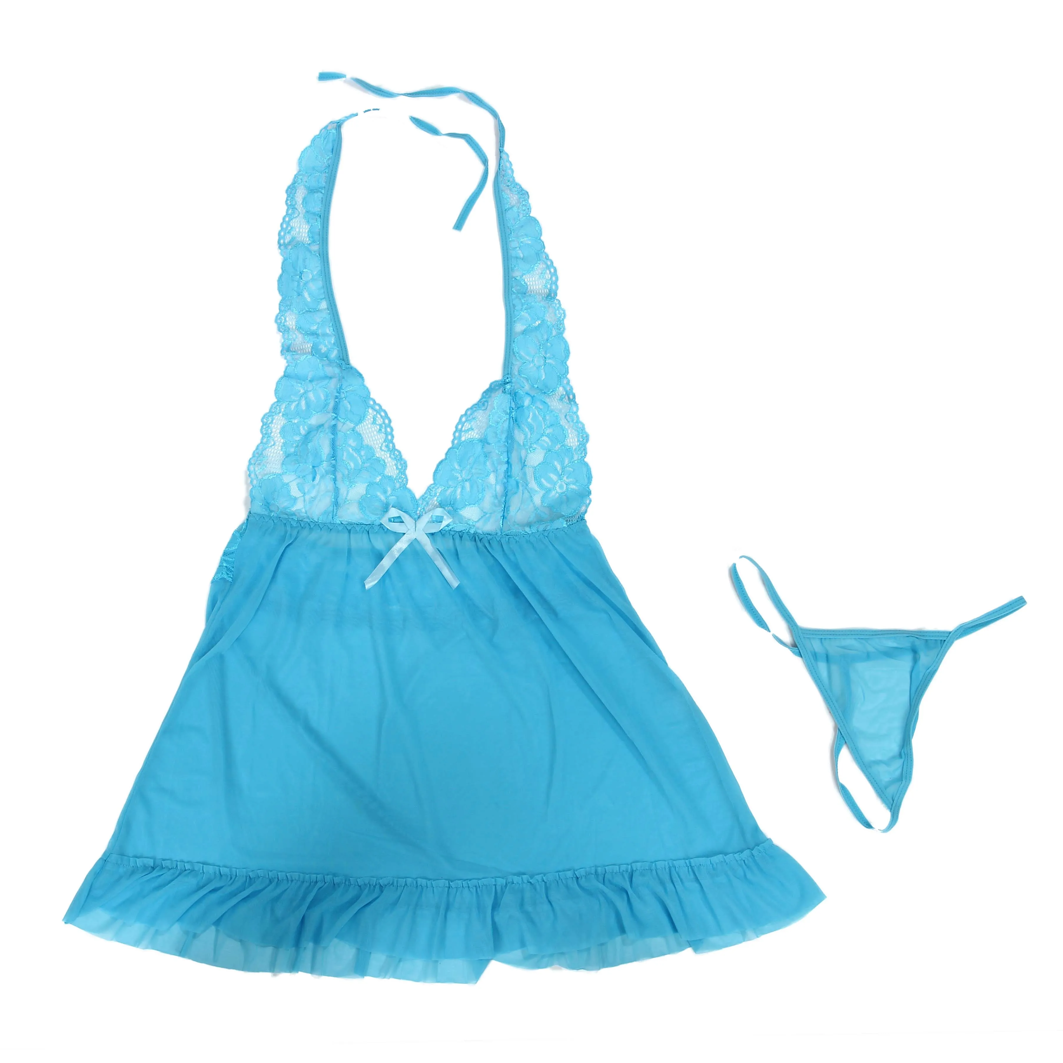 Blue XL Сексуальная Холтер Babydoll белье сорочка Кружева Мини платье Ночная рубашка пижамы - Цвет: Blue XL