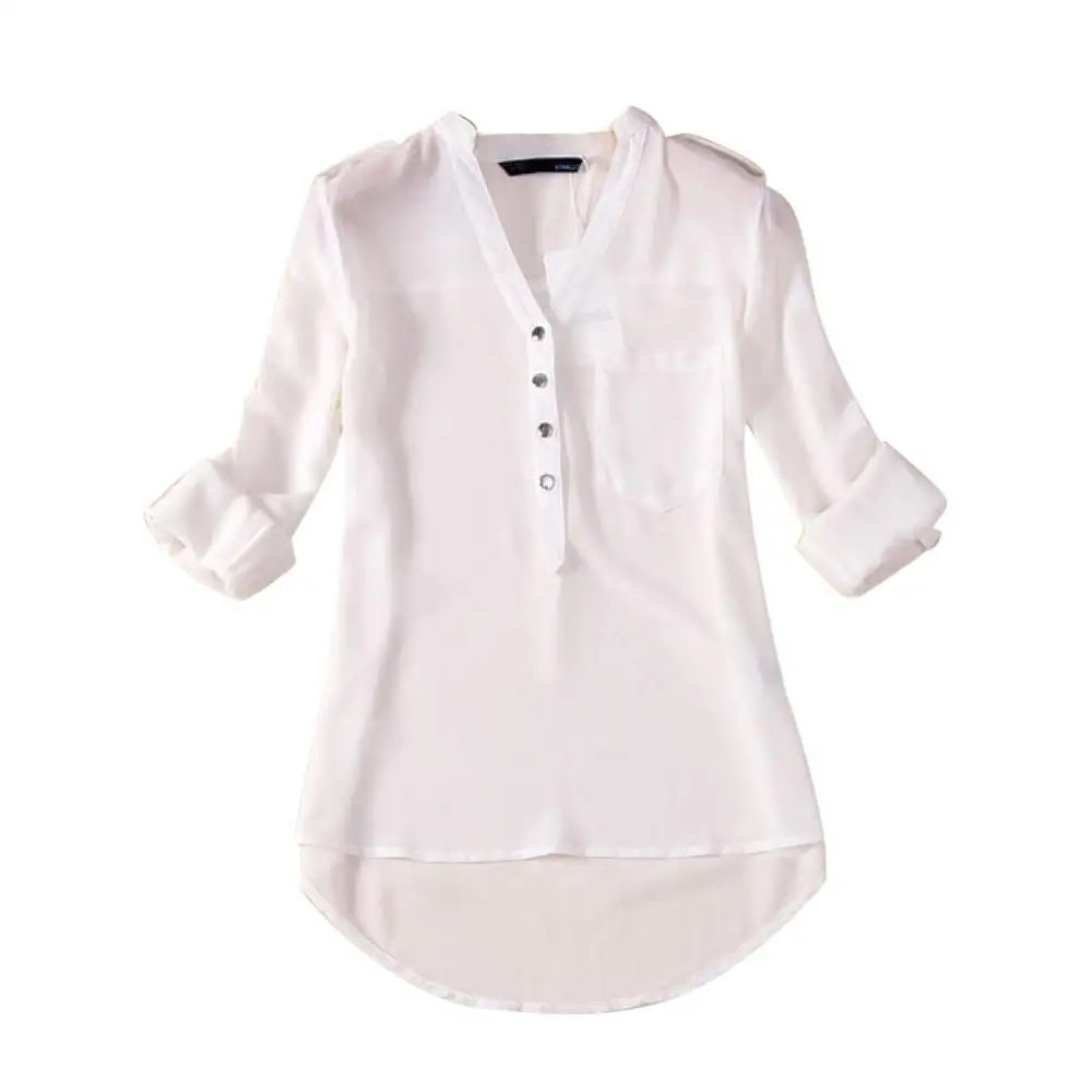 White Белая рубашка Chemise Femme, женская летняя шифоновая рубашка с v-образным вырезом и длинным рукавом, однотонные повседневные рубашки с карманами, топы, блузки, одежда, Camisas Mujer - Цвет: White