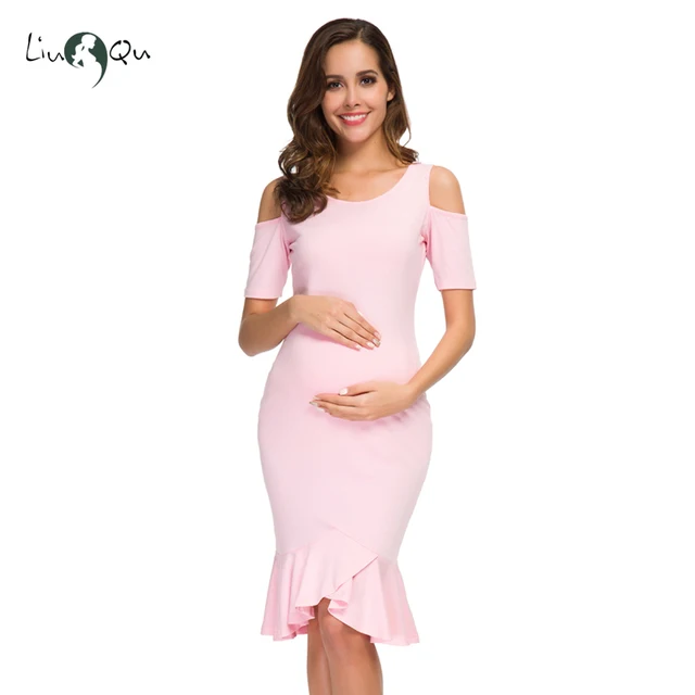 Cold Shoulder Short Sleeve Ruffles Mermaid Baby Shower Maternity Dresses Womens Pregnancy Side Ruched Pregnant Clothing
