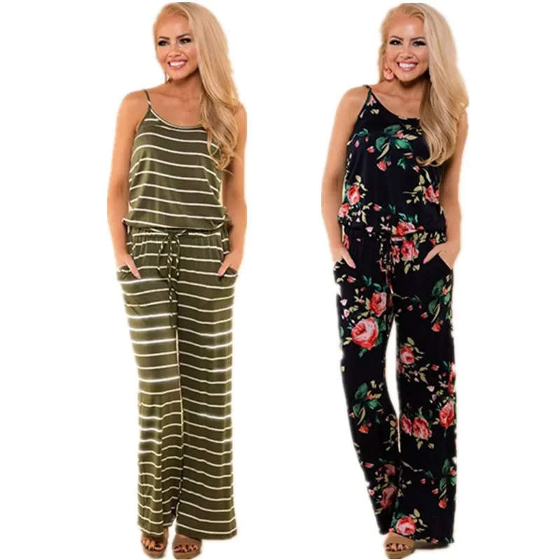 

Lace Up Floral Print Women Jumpsuit 2018 Summer Casual Loose Style Wide Leg Girls Beach Jumpsuits Rompers Female Overalls