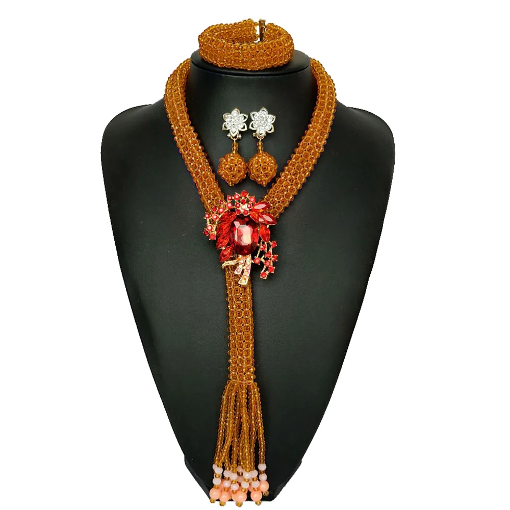 

New Style Champagne Women Party African Beads Jewelry Set Nigerian Wedding Bridal Costume Crystal long Necklace Set