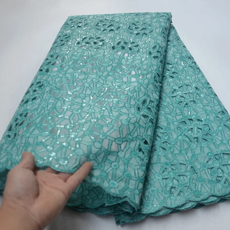 (5yards/pc) mint green African handcut lace fabric sequins embroidered