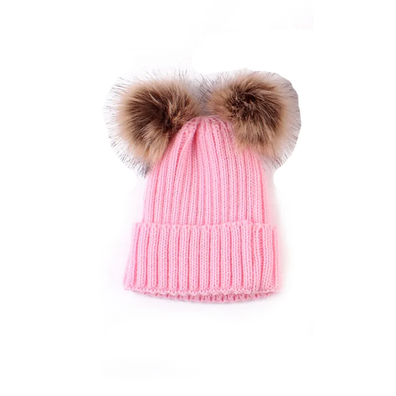 Kids Pink Семейные комплекты головные уборы наборы из искусственного меха с помпоном для маленьких девочек и мальчиков, Для женщин зимние теплые осень Para Bebe детские вязаные шапки, 2 предмета в комплекте, шляпа - Цвет: Kids Pink