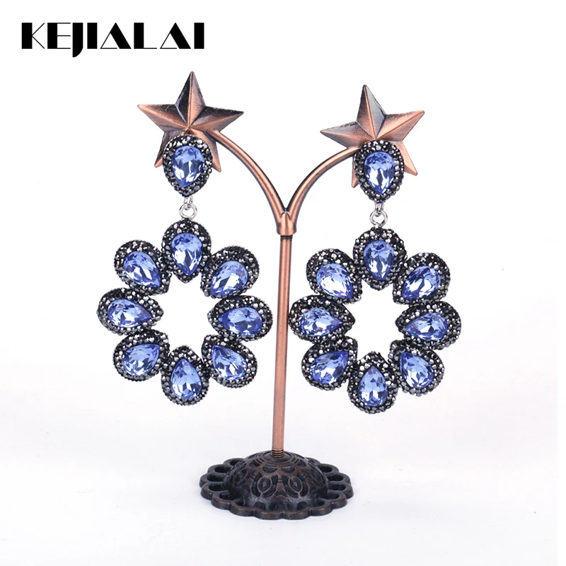 KEJIALAI Luxury Handmade Jewelry Sky Blue Water Drop Crystal Pave Rhinestone Big Hyperbole Long Drop Dangle Earrings For Women KEJIALAI Luxury Handmade Jewelry Sky Blue Water Drop Crystal Pave Rhinestone Big Hyperbole Long Drop Dangle Earrings For Women