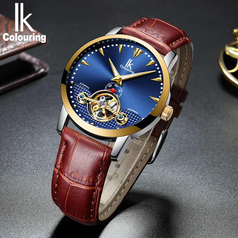 

IK colouring Luxury Mens Watches Self-Wind Automatic Mechanical Watch Fashion Casual Genuine Leather Strap Wrist Watch for Man