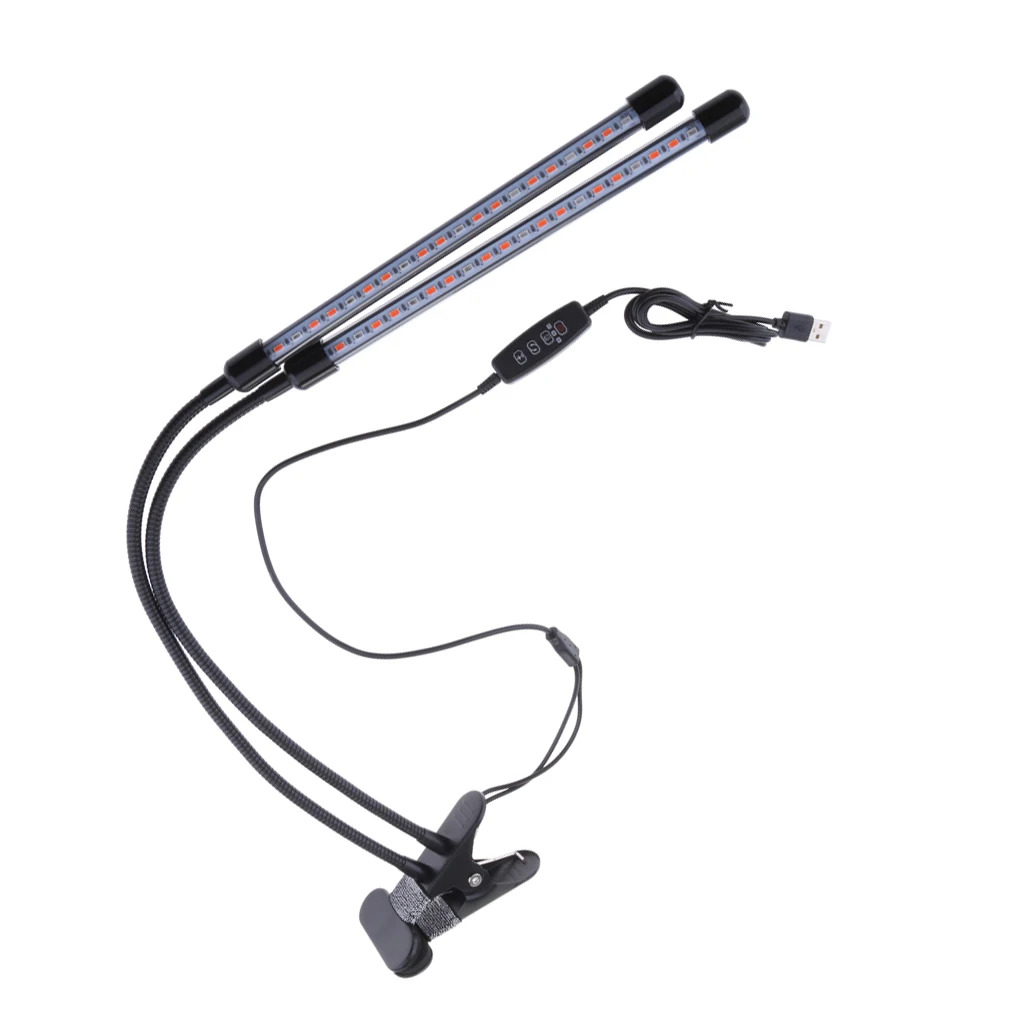 3/6/12h Timing LED Plant Grow Light Hydroponics 20W Dual Head Flower Lamp Tubes Lights USB