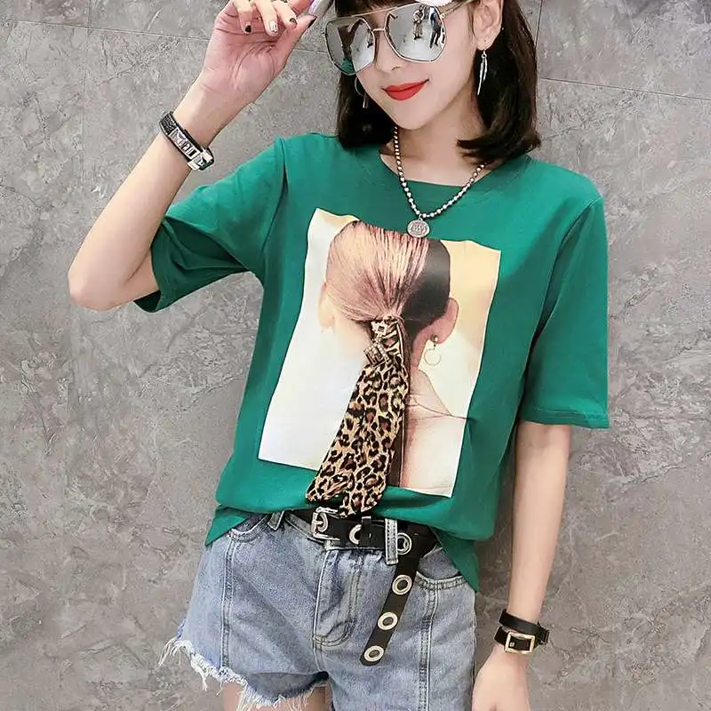 Gree tshirt Корейская модная футболка с круглым вырезом и леопардовым принтом; Новинка года; летний Повседневный Топ; рубашка; Camiseta Mujer; рубашка с короткими рукавами; T95111L - Цвет: Gree tshirt