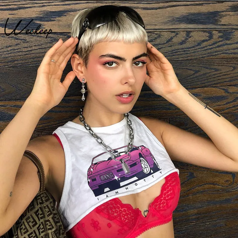 

Weekeep Cropped Printed Sleeveless Tank Top Women Streetwear White Loose Crop Top Summer Sexy Tank Tops 2019