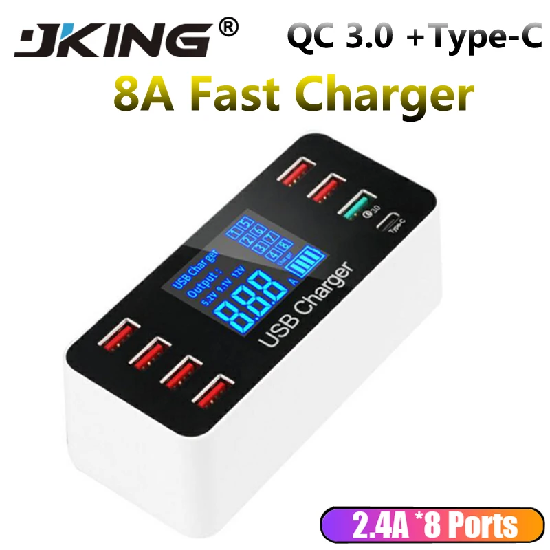 JKING LED 8 Port 8A 40W QC 3.0 USB Charger Type C Quick Smart Mobile Phone Charger For iPhone X XS Samsung S10 Huawei P30 Pro