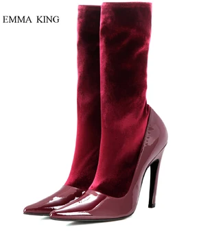 

Spring Autumn Mid-calf Women Boots Velvet Patent Leather Splicing Elastic Boots Woman Slip on Pointy Toe High Heels Botas Mujer