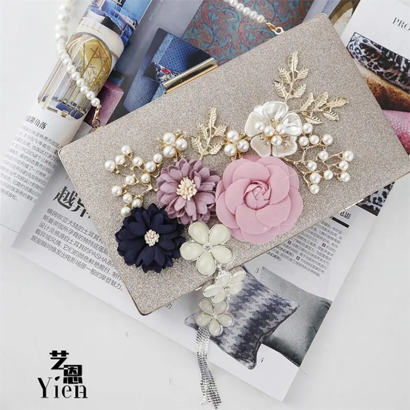 Meloke 2019 new fashion handmade floral evening bags wedding clutch bags with pearl chain party bags for ladies MN569 Meloke 2019 new fashion handmade floral evening bags wedding clutch bags with pearl chain party bags for ladies MN569