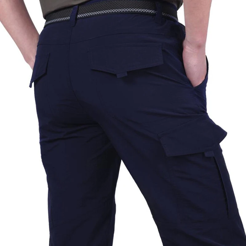 Брюки мужские летние быстросохнущие длинные брюки новые мужские Свободные карманные пиджаки карго комбинезоны мужские s водонепроницаемые тактические военные брюки - Цвет: Темно-синий