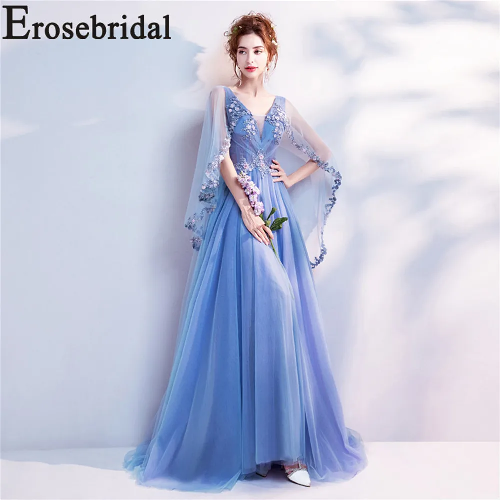 Женское вечернее платье Erosebridal длинное синее с глубоким v образным вырезом