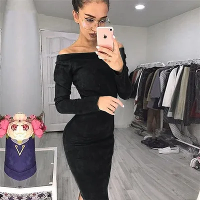 Замшевое платье с длинным рукавом и открытыми плечами для женщин, платье до середины икры, осенне-зимние женские Сексуальные облегающие Вечерние платья на год - Цвет: Черный