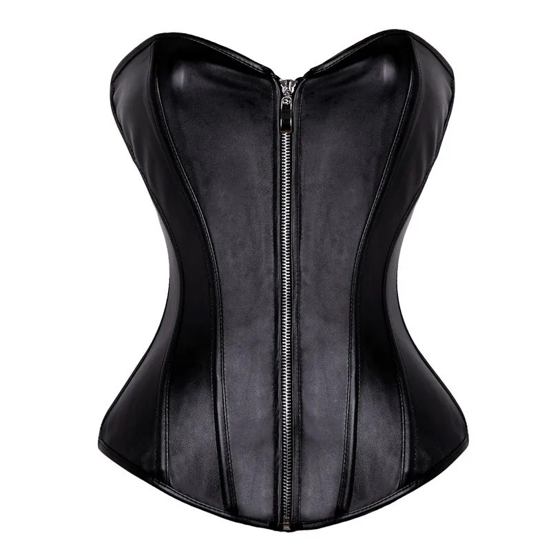 

Sexy Women Zipper Steampunk Corselet Strapless Waist Trainer Leather Corset Body Shapewear Bustier Overbust Corset Tops