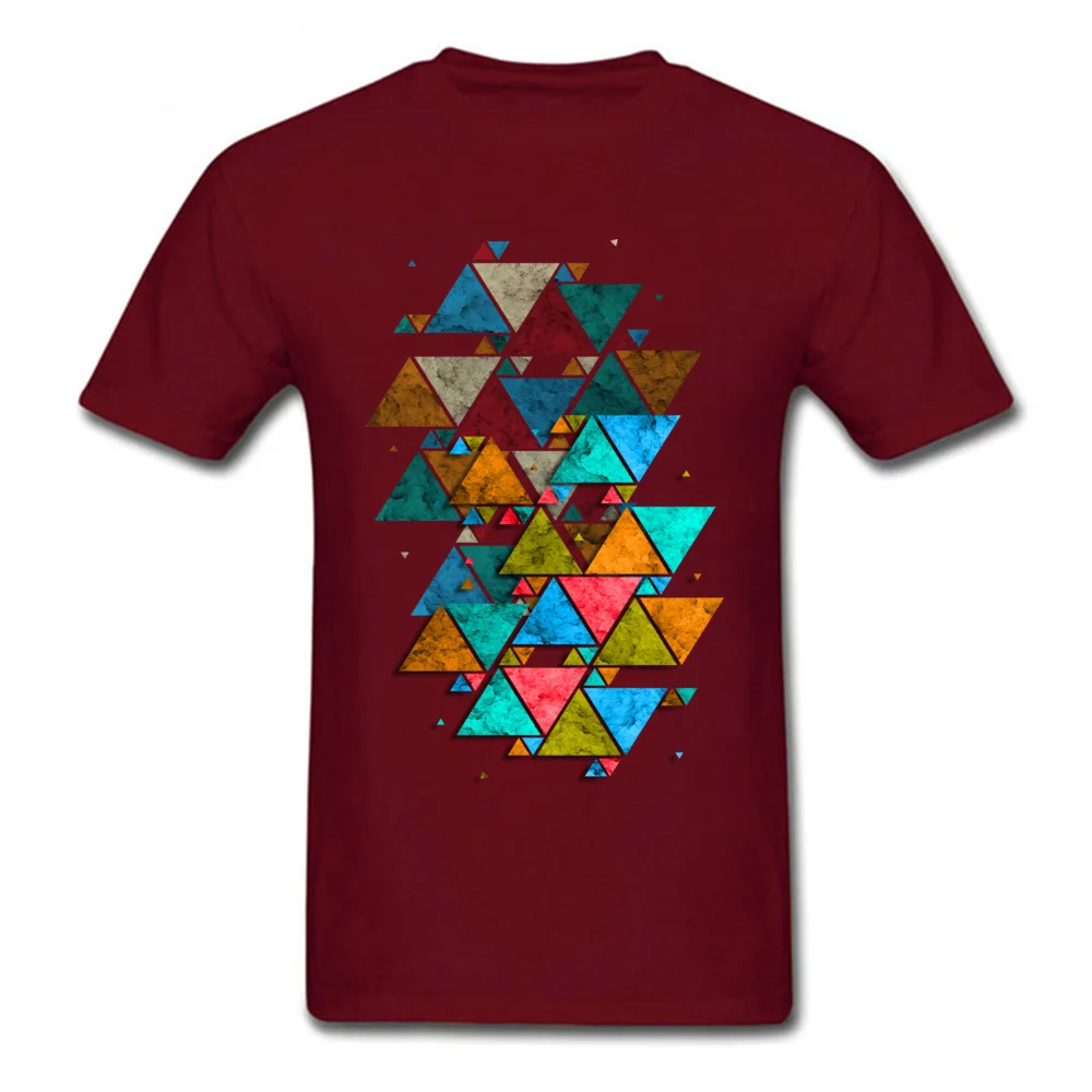 Male Retro Tops Shirt Round Collar Summer All Cotton Top T-shirts Custom Short Sleeve Vintage Geometric triangles Tops Shirt Vintage Geometric triangles maroon