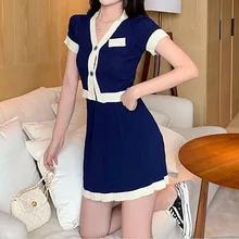 2 Two Piece Skirt Set Women Club Outfits V-neck Knit Top + High Waist A-line Pleated Skirt Sexy Short Sleeve Tracksuit Women 2 Two Piece Skirt Set Women Club Outfits V-neck Knit Top + High Waist A-line Pleated Skirt Sexy Short Sleeve Tracksuit Women