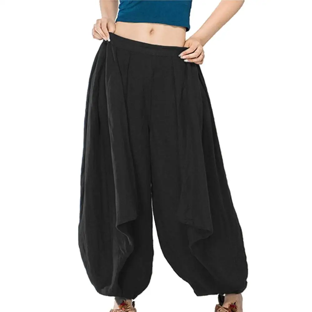 

Plus Size Women Solid Color Casual Harem Pants Loose Mid Elastic Waist Linen Long Trousers With Pocket For Ladies 2019 Summer