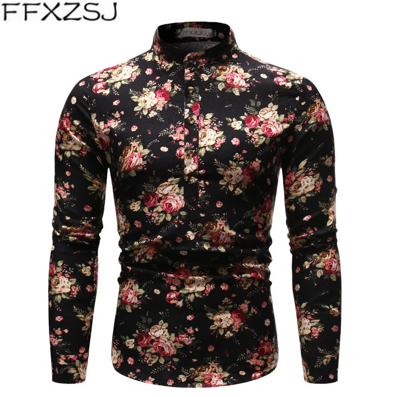 

FFXZSJ Brand men's spring/autumn printed long-sleeved casual linen shirt with stand-up collar floral shirt European size