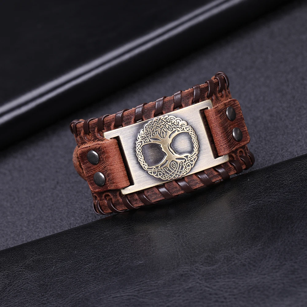 Skyrim Tree of Life Vintage Wrap Wicca Metal Leather Bracelet Amulet Adjustable Cuff Bracelet for Men bangle bracelet leather bracelets