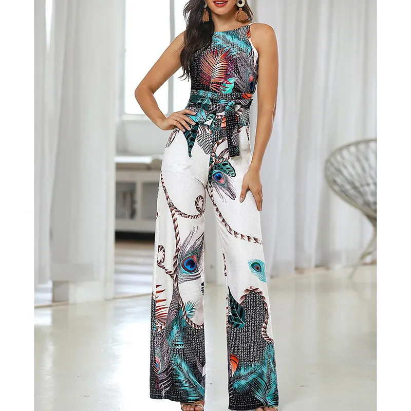 

Spaghetti strap peacock print jumpsuit for women summer 2019 Sashes sleevelss wide leg pants long jumpsuit Casual overalls femme