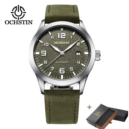 Army Green Box Роскошный топ бренд OCHSTIN автоматические часы для мужчин водонепроницаемый Дата Спорт для мужчин кожа механические наручные часы Мужские часы Мода relogio - Цвет: Army Green Box
