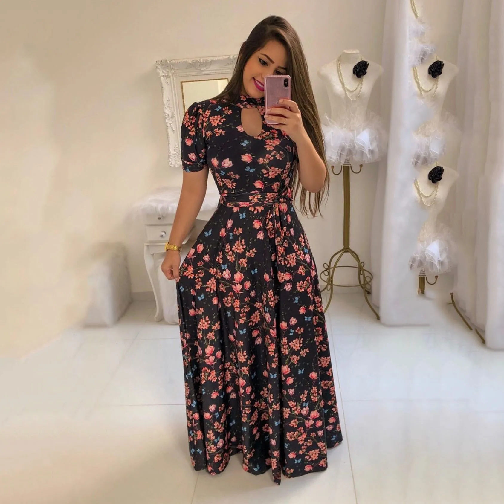 5XL лето осень Бохо цветочный короткий рукав длинное платье элегантное женское с цветочным принтом Макси платье с поясом большой подол размера плюс платье - Цвет: 2