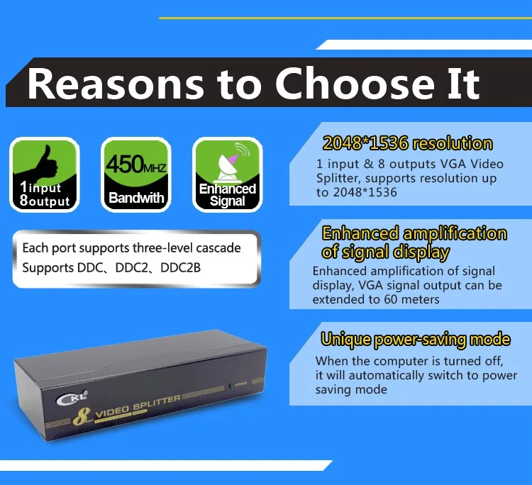 Высокая-конец 8 Порты и разъёмы VGA SVGA xgasplitter 8 в 1 из sup Порты и разъёмы S DDC ddc2 DDC2B 450 мГц 2048*1536@ 60 Гц металлический корпус ckl-108a