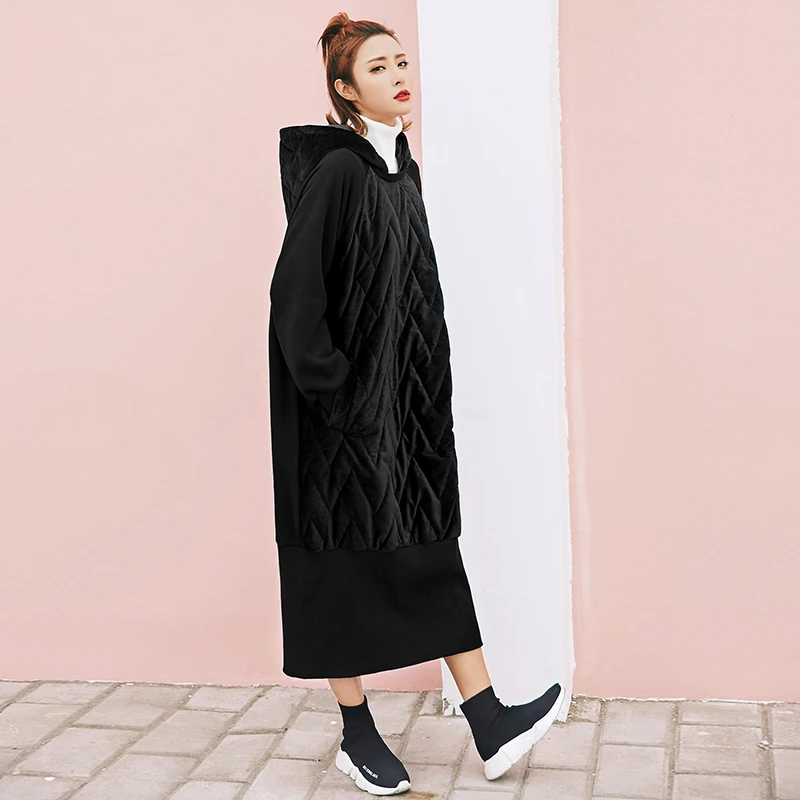 

Winter Dress Women High Street Long Style Sweatshirt Side Split Fleece Hooded Pullvers Large Size Loose women’s Hoodies Dress