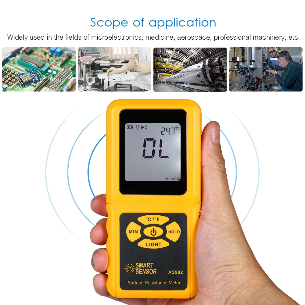 

AS982 Handheld LCD Surface Resistance Meter Digital Tester with Temperature Measurement and Data Holding Function