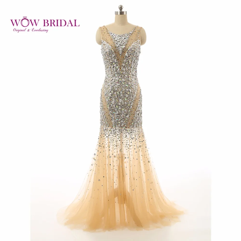 Wowbridal Бисера Кристалл Рукавов Русалка Тюль Вечернее Платье Длинные 2016 Суд Поезд