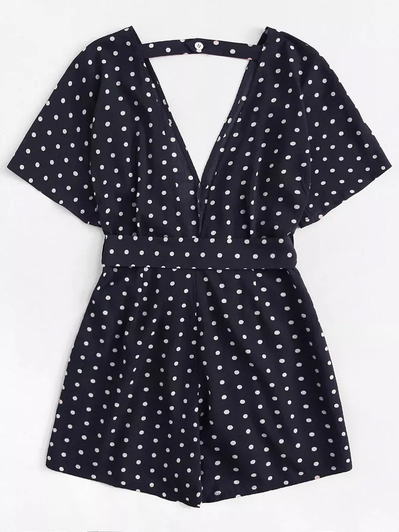 Большой размеры для женщин Playsuit красный в горошек пояса шифон Летние Комбинезоны для 2019 Macaco офисная одежда комбин