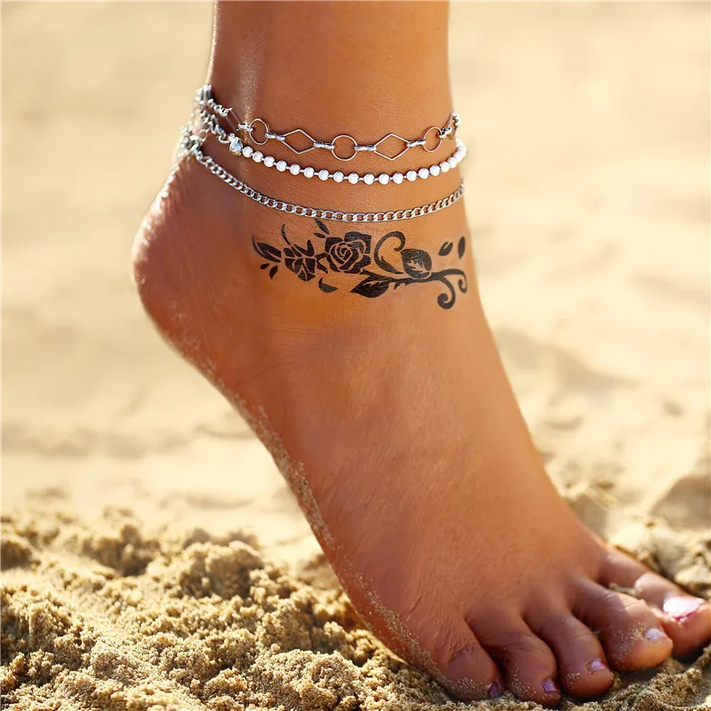Boho океан пляж Многослойные лодыжки браслет минималистичный звезда браслеты на ногу с листками для женщин Блестки бусины ножной браслет ноги браслет