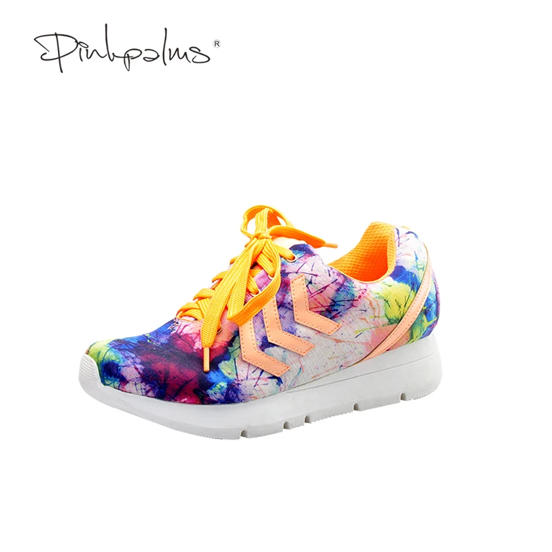 

PinkPalms 2017 women summer shoes thick soled 2017 new summer flat leisure low wedge orange print flat lace up shoes