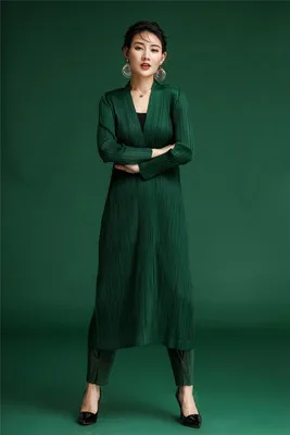 Miyake/ ; Модный складной плащ; тонкий однотонный плащ с длинными рукавами и открытой стежкой на спине; пальто - Цвет: Зеленый