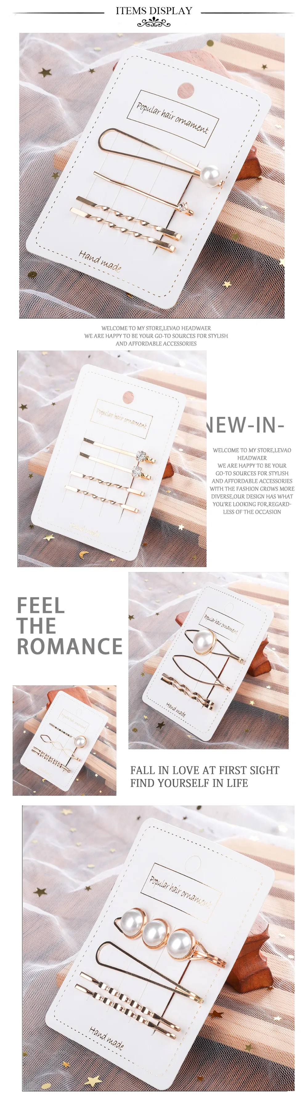 Levao New Fashion Girls Irregular Hairpins Faux Pearl Decor Hair Clips 4pcs Geometric Gold Alloy Hair Accessories for Women
